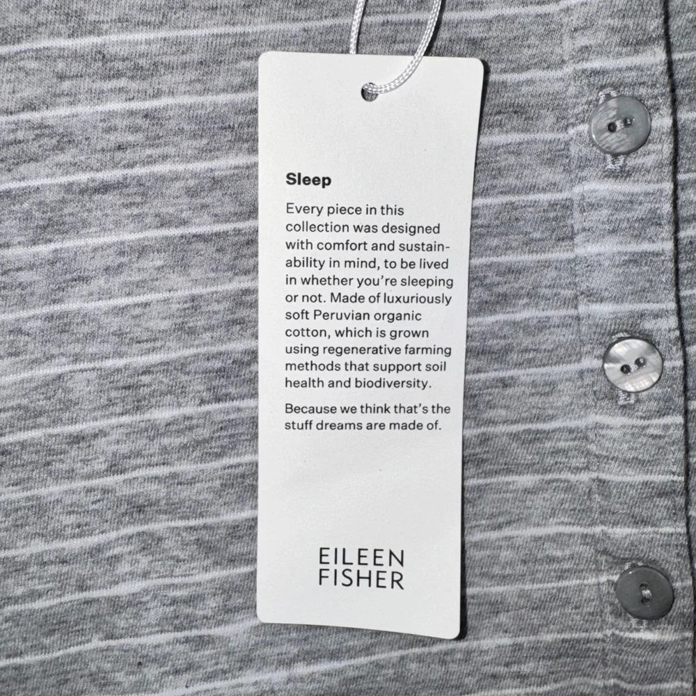 Eileen Fisher Striped Henley Sleep Top Womens Organic Cotton Grey Small NEW